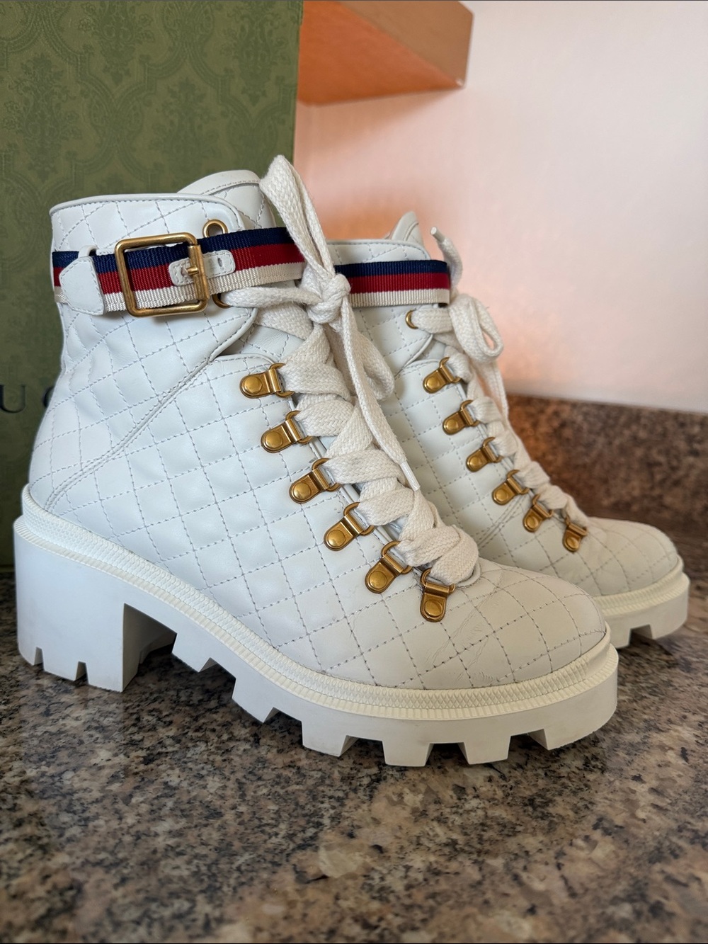 Gucci Sylvie Web White Quilted Ankle Boots